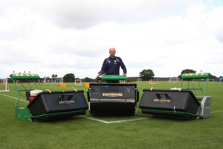 Norwich City Head Groundsman with Dennis G860 and Dennis Premier football pitch mowers