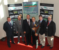 David Withers (far left) of the award sponsors, Ransomes Jacobsen, and Eric Kulaas (third from right) with representatives from IGCEMA at the presentation of the Edwin Budding Award. 